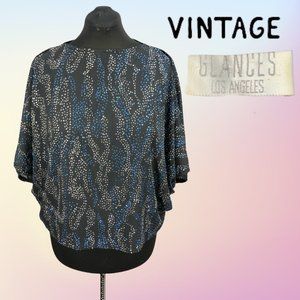 VTG GLANCES Los Angeles Semi Sheer Dolman Blouse w/ Blue/Silver Glitter Sz 12